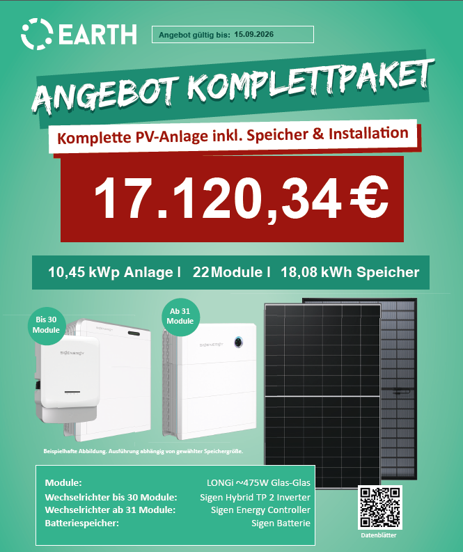 10,45 kWp Anlage, 22 Module, 18,08 kWh Speicher für 17.120,34€ PV Anlage Sigenergy